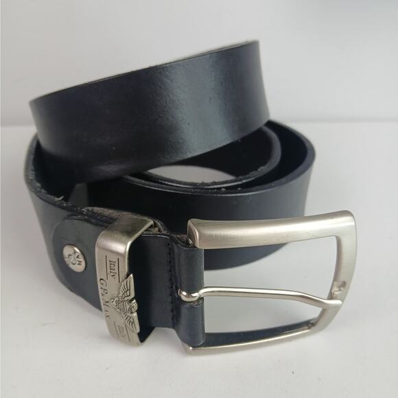 GP & Max Italy Men's SZ 44 Genuine Leather Belt in Black 1.25" Silver Buckle NEW - Picture 2 of 6